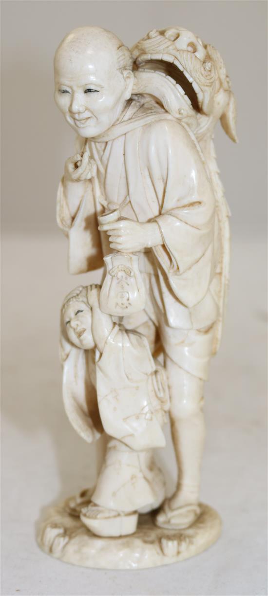 A Japanese ivory group of a shi-shi dancer and a boy, Meiji period, 17.5cm